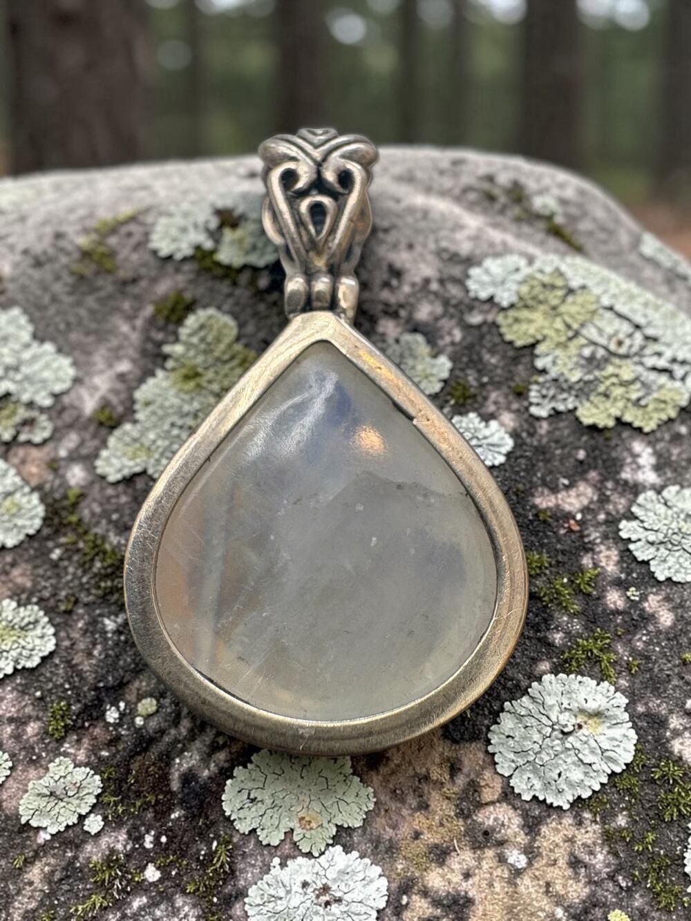 Vintage Silver Teardrop Pendant Iridescent Moonstone Cabochon Stone Ornate Scrol